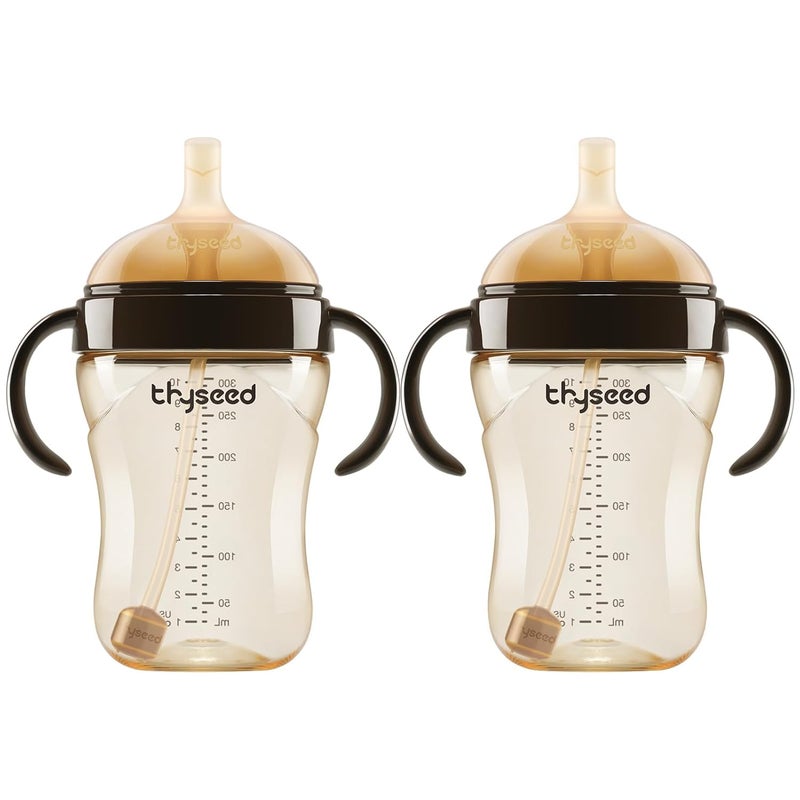 thyseed PPSU Weighted Straw Cup with Handles Toddlers Transition Bottles to Sippy Cups No Spill Learner Milk Water Baby Bottle Soft Silicone Spout Dishwasher Safe BPA Free 6+ Months 10oz/300mL 2 Pack - Image 1